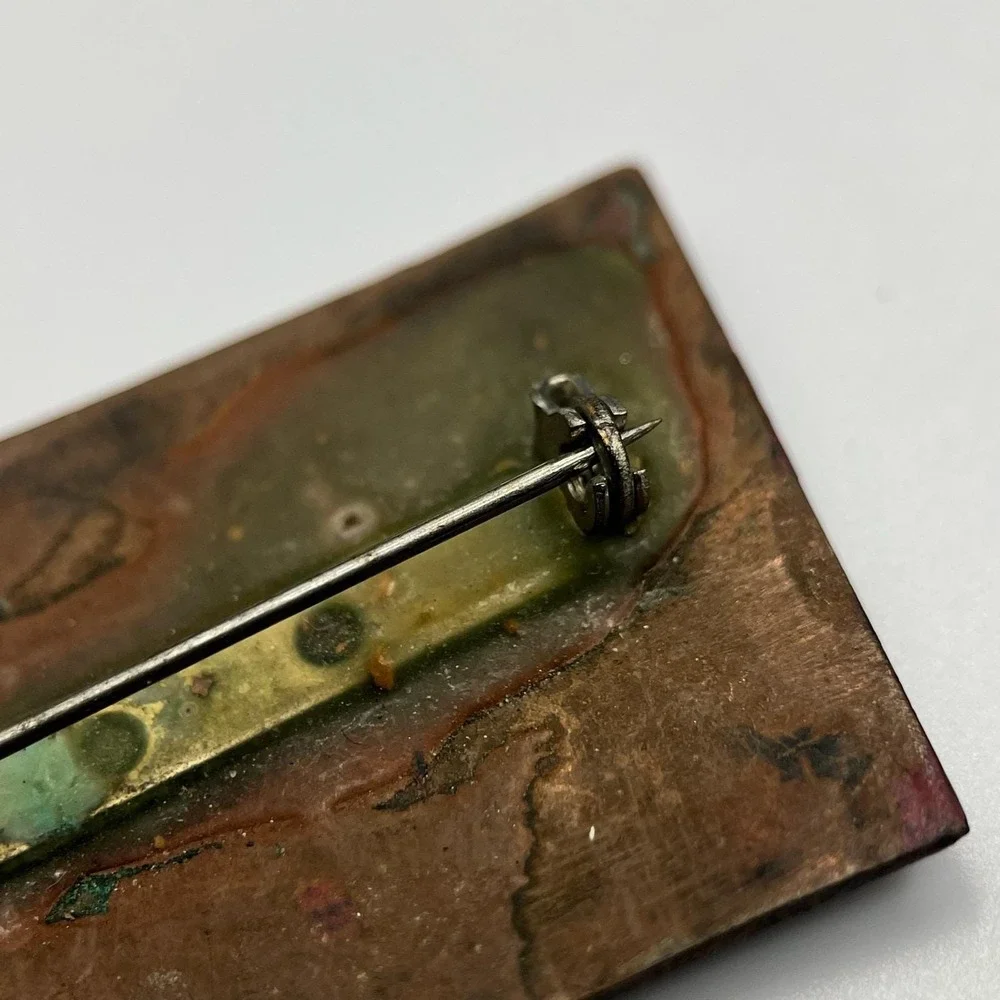 Vintage Multicolor Classic Rectangular‎ Abstract Art Enameled Copper Brooch Pin